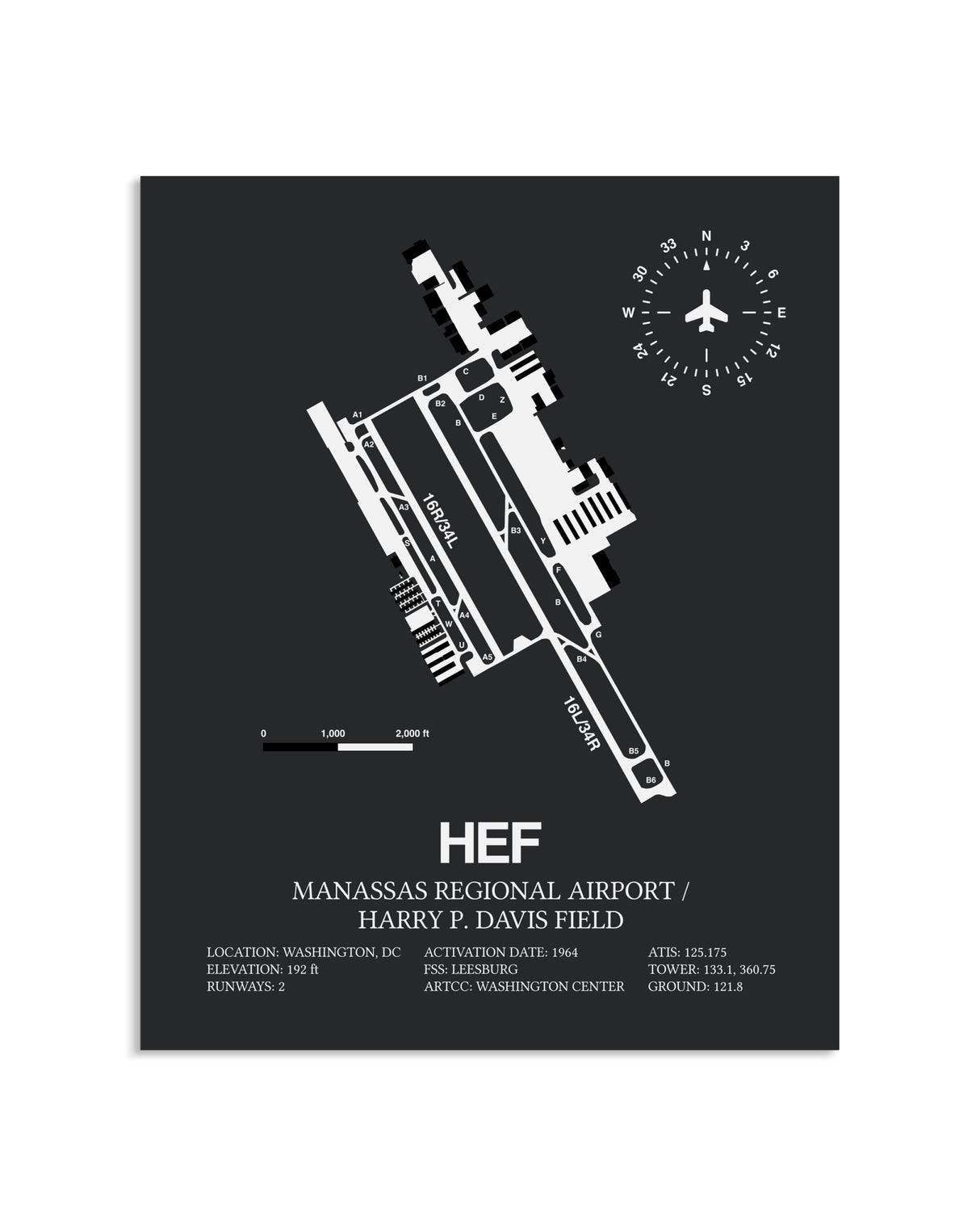 Gray Framed Manassas Regional Airport / Harry P. Davis Field layout wall art poster