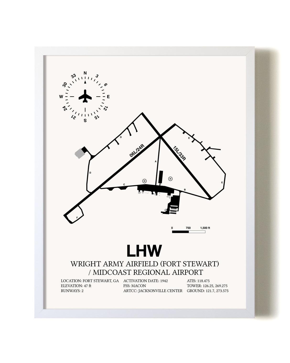 Wright Army Airfield (Fort Stewart) / Midcoast Regional Airport airport map poster in oak frame