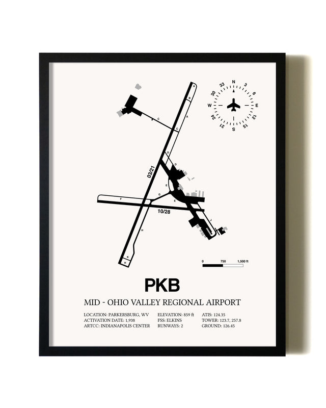 Framed Mid-Ohio Valley Regional Airport wall art poster in black frame