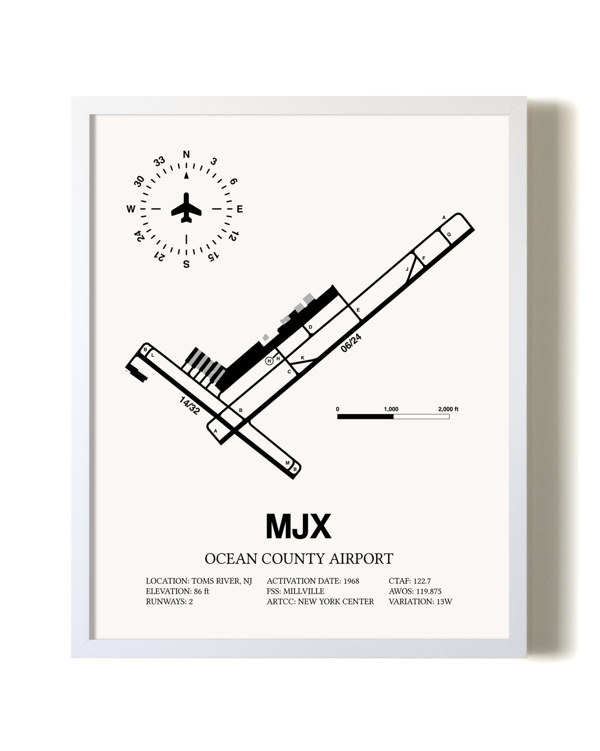 Ocean County Airport airport map poster in oak frame