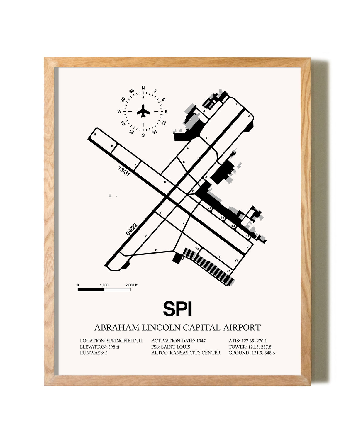 Abraham Lincoln Capital Airport framed print in natural wood frame
