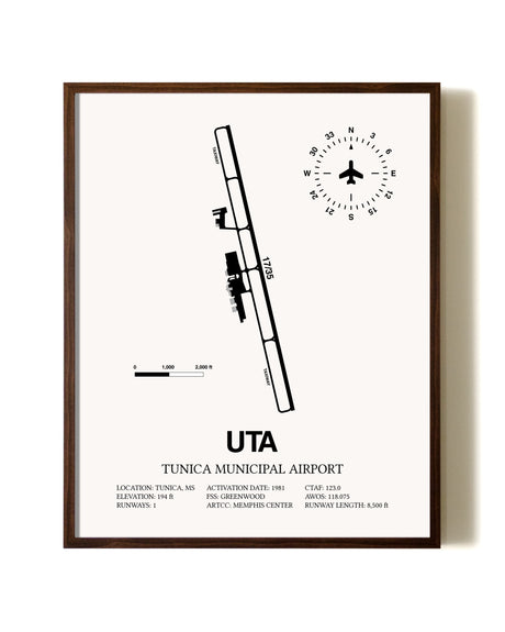Tunica Municipal Airport aviation print in walnut frame