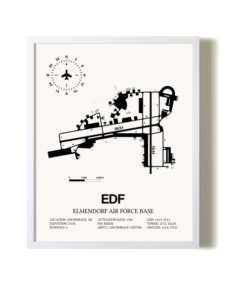 Elmendorf Air Force Base airport map poster in oak frame