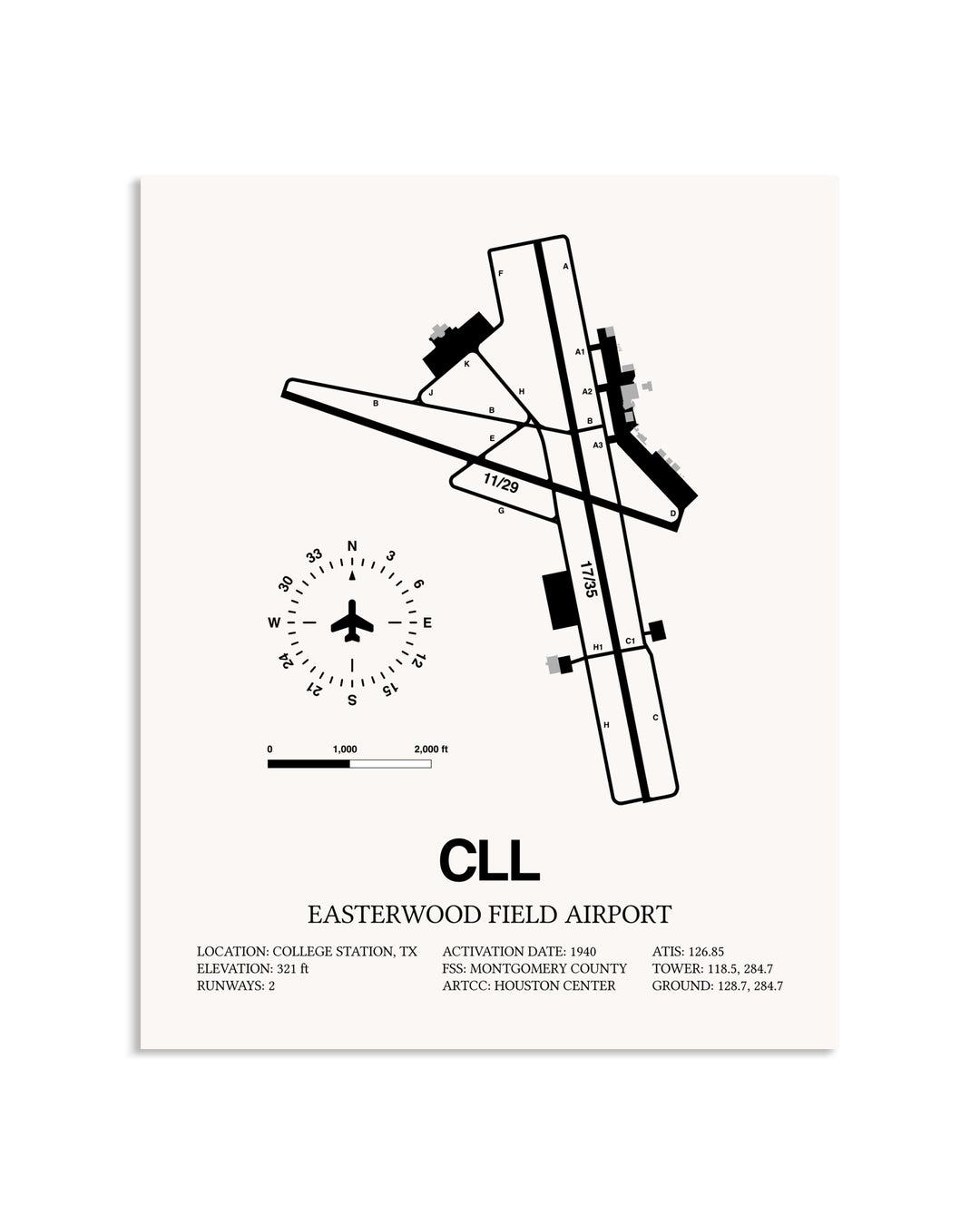 Gray Easterwood Field Airport framed poster displayed in an airplane hangar