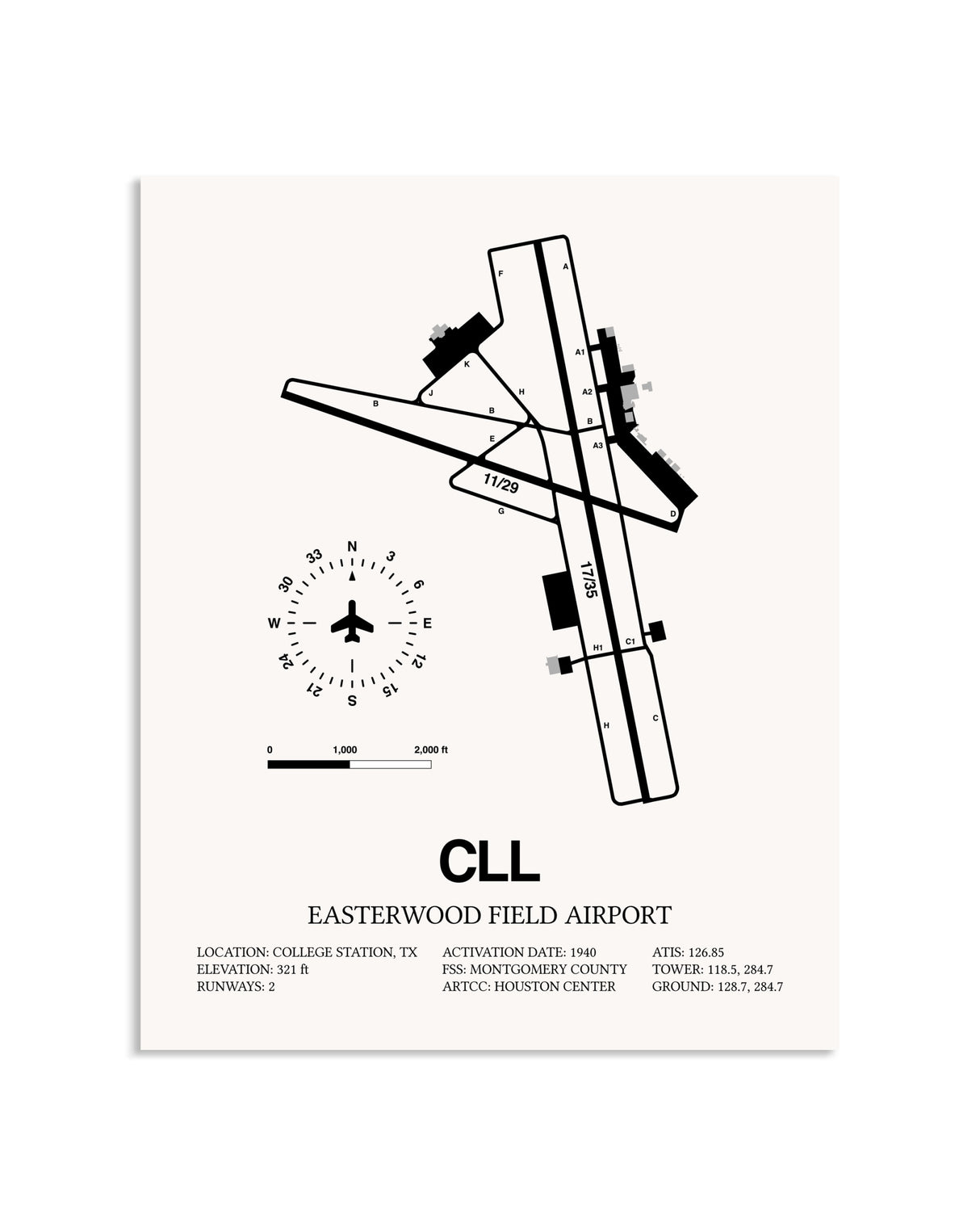 Gray Easterwood Field Airport framed poster displayed in an airplane hangar