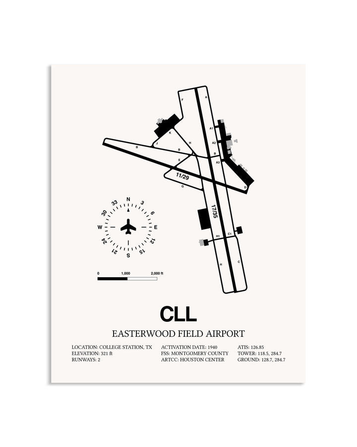 Gray Easterwood Field Airport framed poster displayed in an airplane hangar