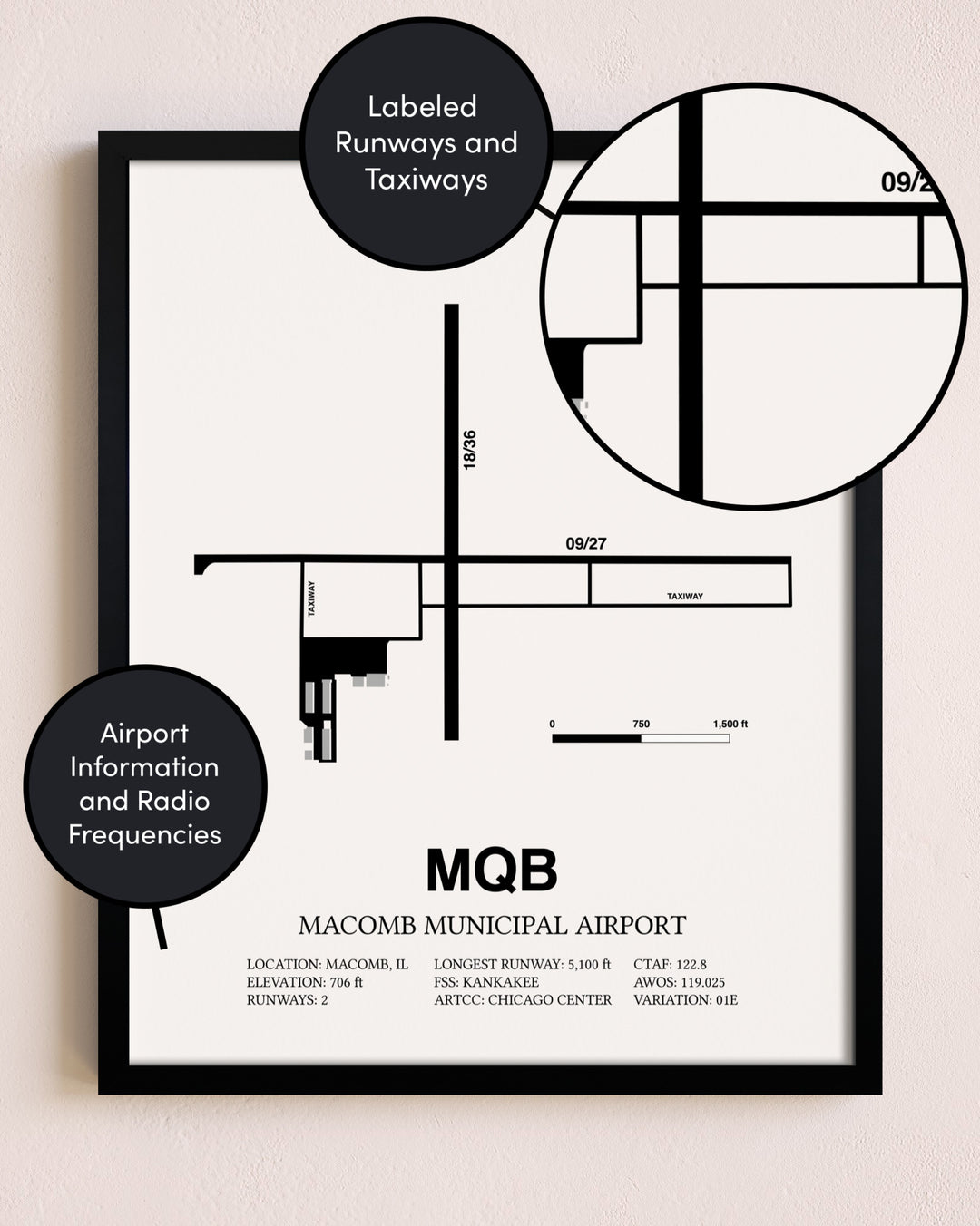 Framed Macomb Municipal Airport layout wall art poster