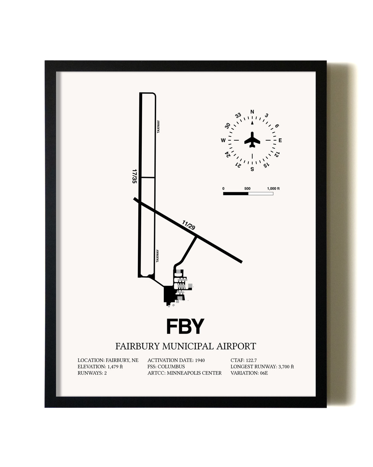 Framed Fairbury Municipal Airport wall art poster in black frame