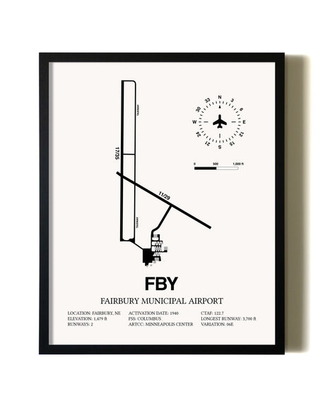 Framed Fairbury Municipal Airport wall art poster in black frame