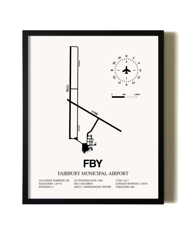 Framed Fairbury Municipal Airport wall art poster in black frame