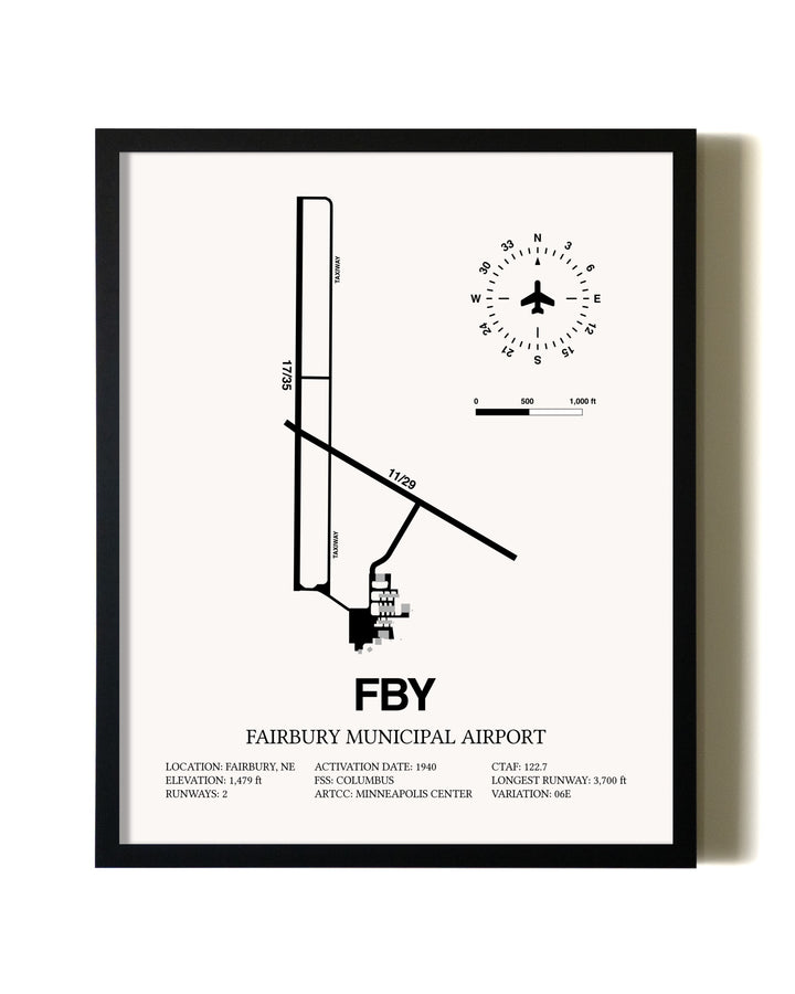 Framed Fairbury Municipal Airport wall art poster in black frame