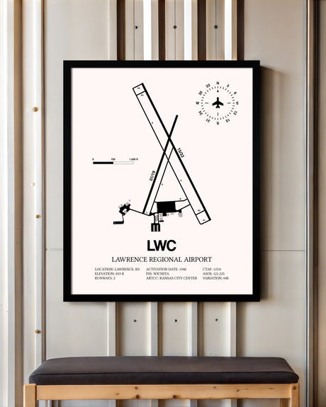 Lawrence Regional Airport framed poster displayed in an airplane hangar