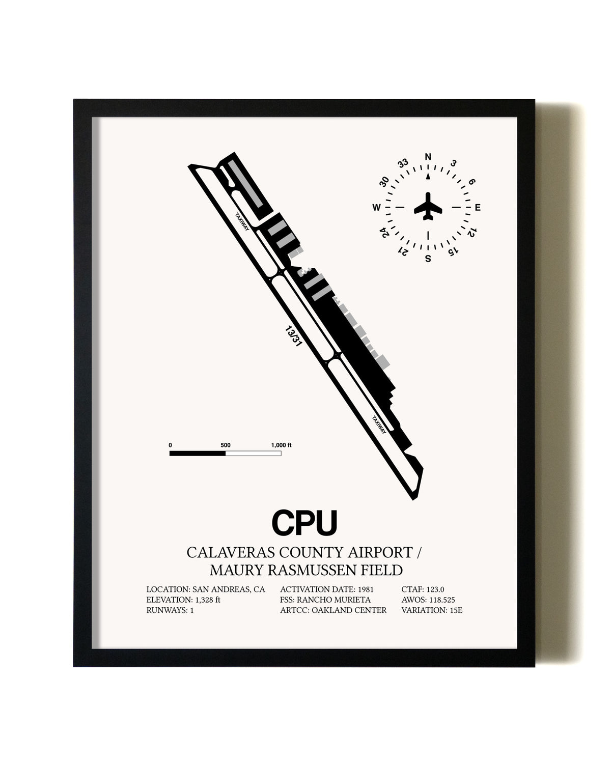 Framed Calaveras County Airport / Maury Rasmussen Field wall art poster in black frame