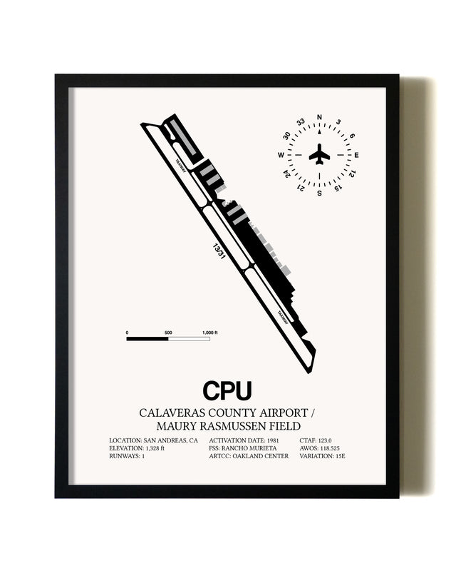 Framed Calaveras County Airport / Maury Rasmussen Field wall art poster in black frame