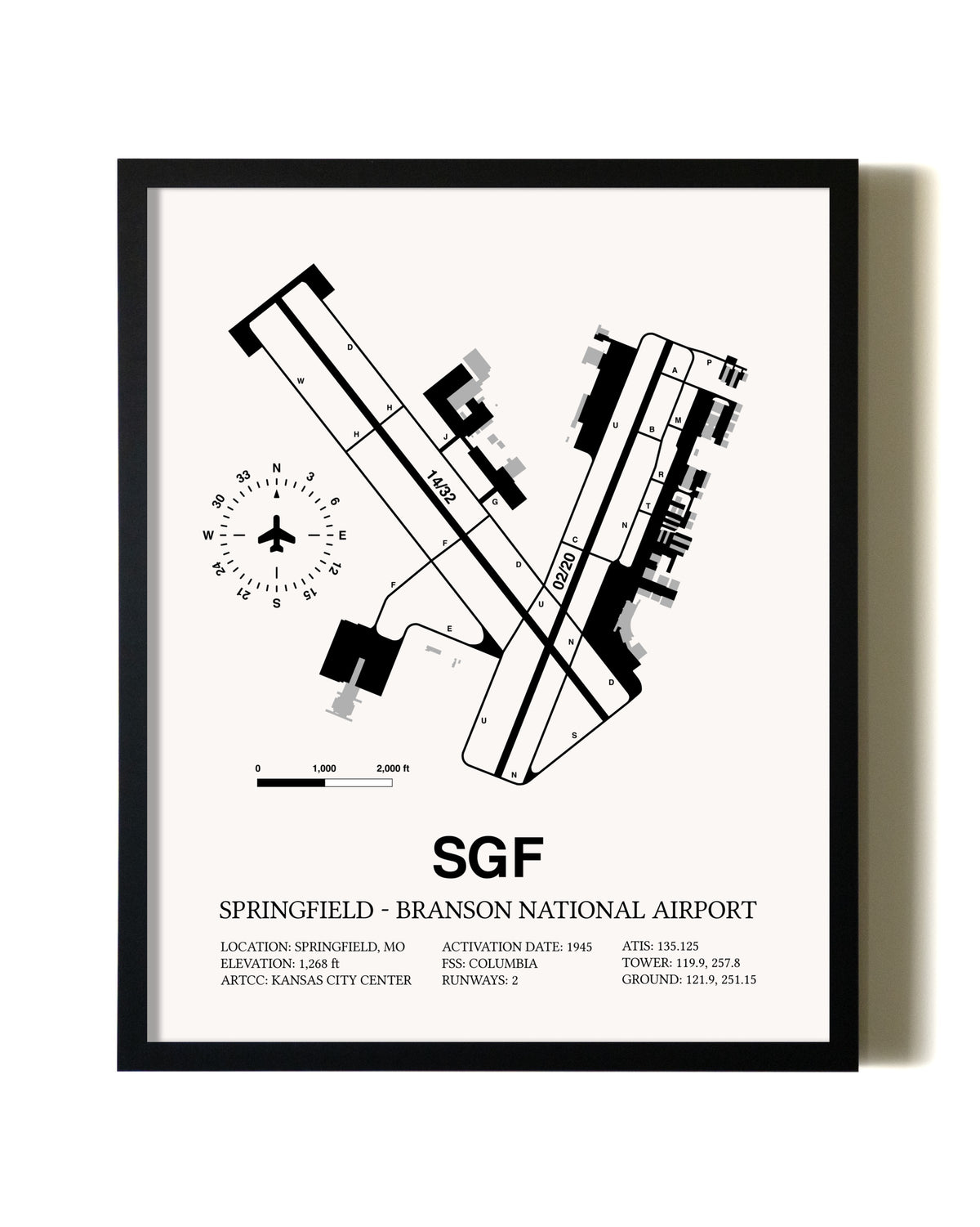 Framed Springfield-Branson National Airport wall art poster in black frame
