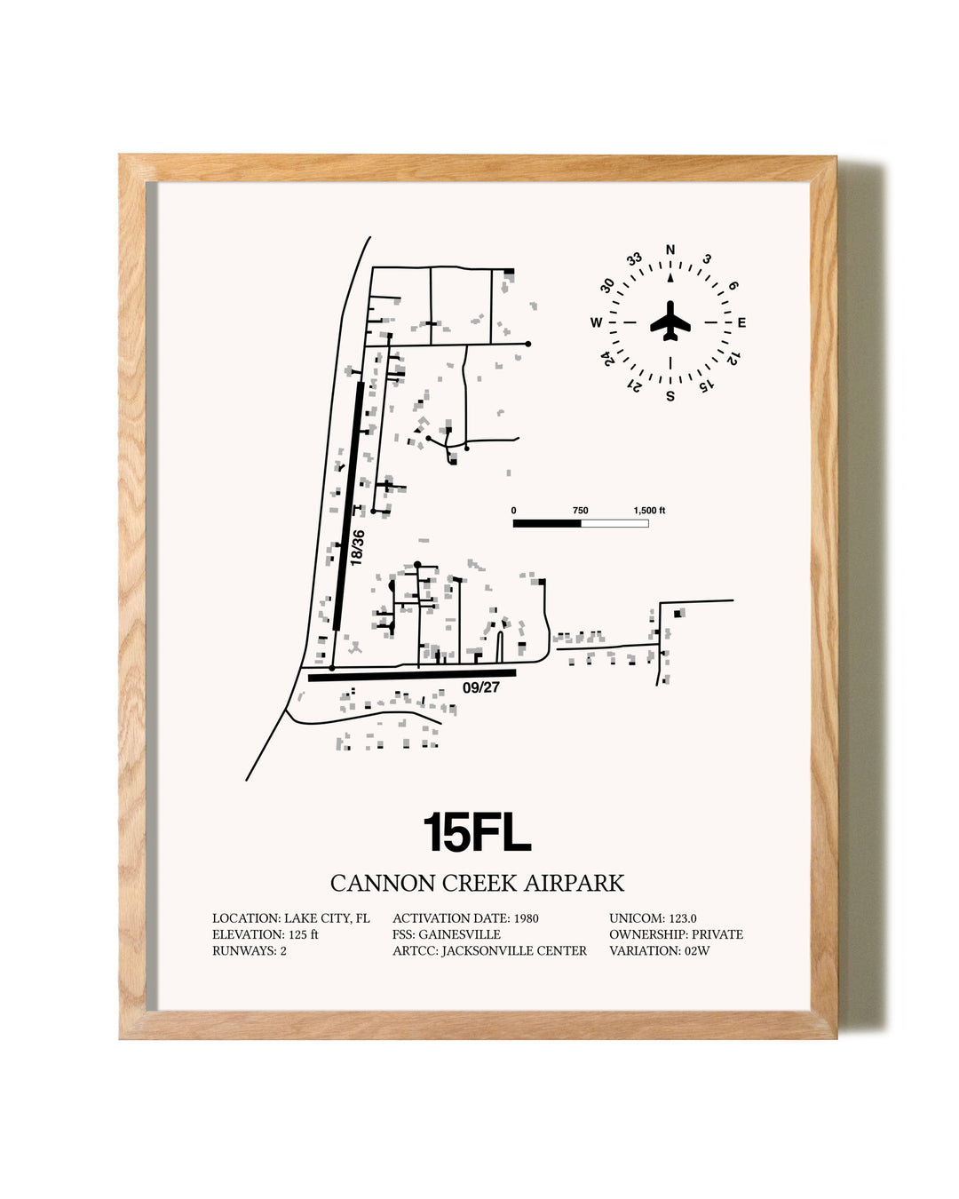 Cannon Creek Airpark framed print in natural wood frame