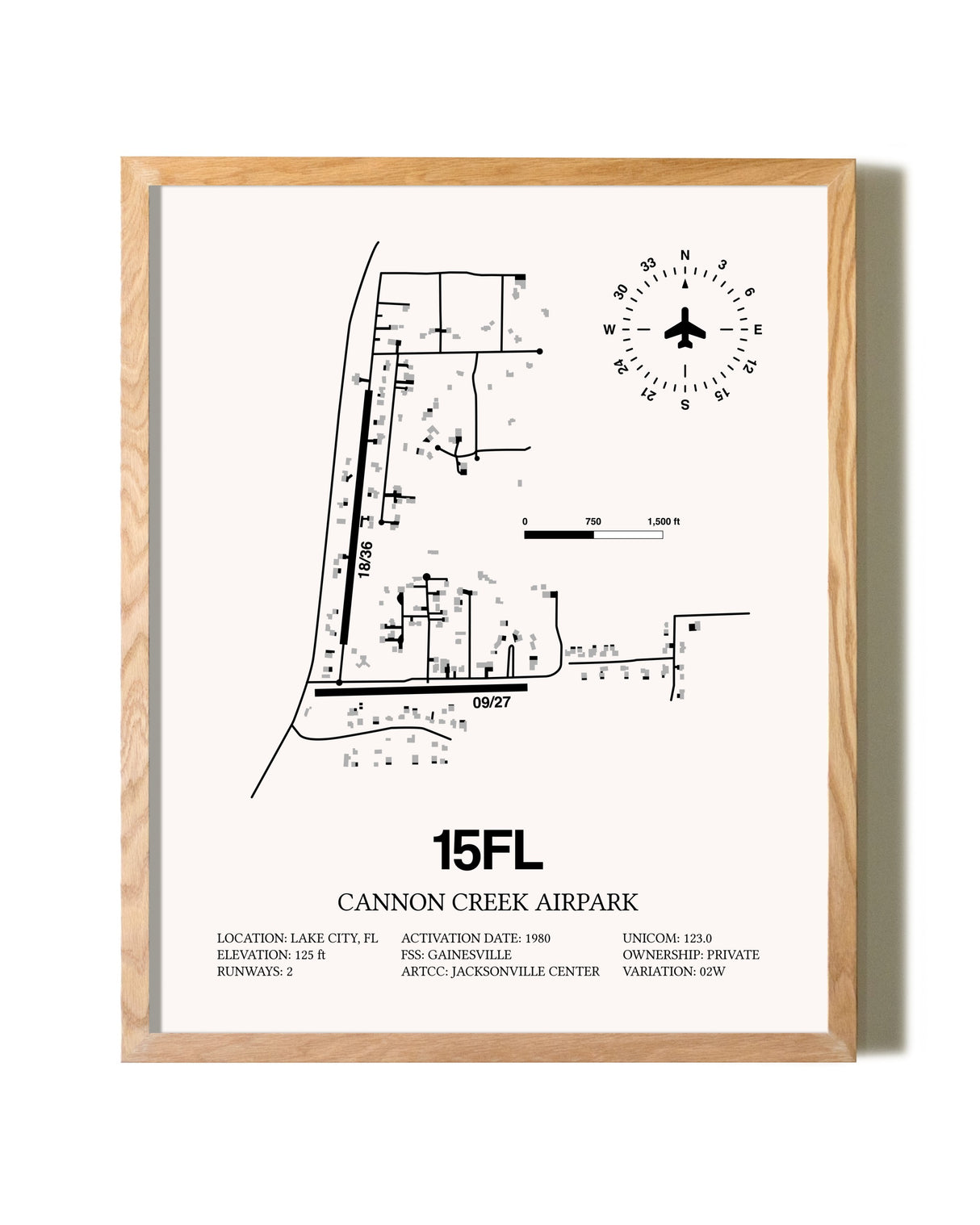 Cannon Creek Airpark framed print in natural wood frame