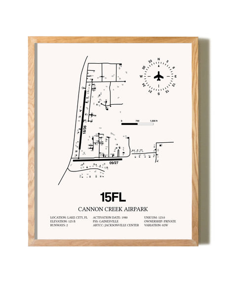 Cannon Creek Airpark framed print in natural wood frame