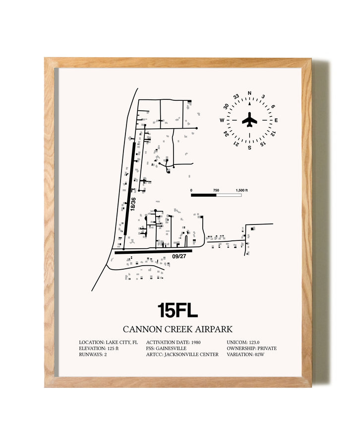 Cannon Creek Airpark framed print in natural wood frame