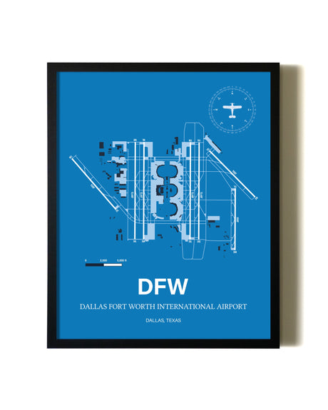 Sky Blue Dallas-Fort Worth International Airport aviation wall décor in black wood frame