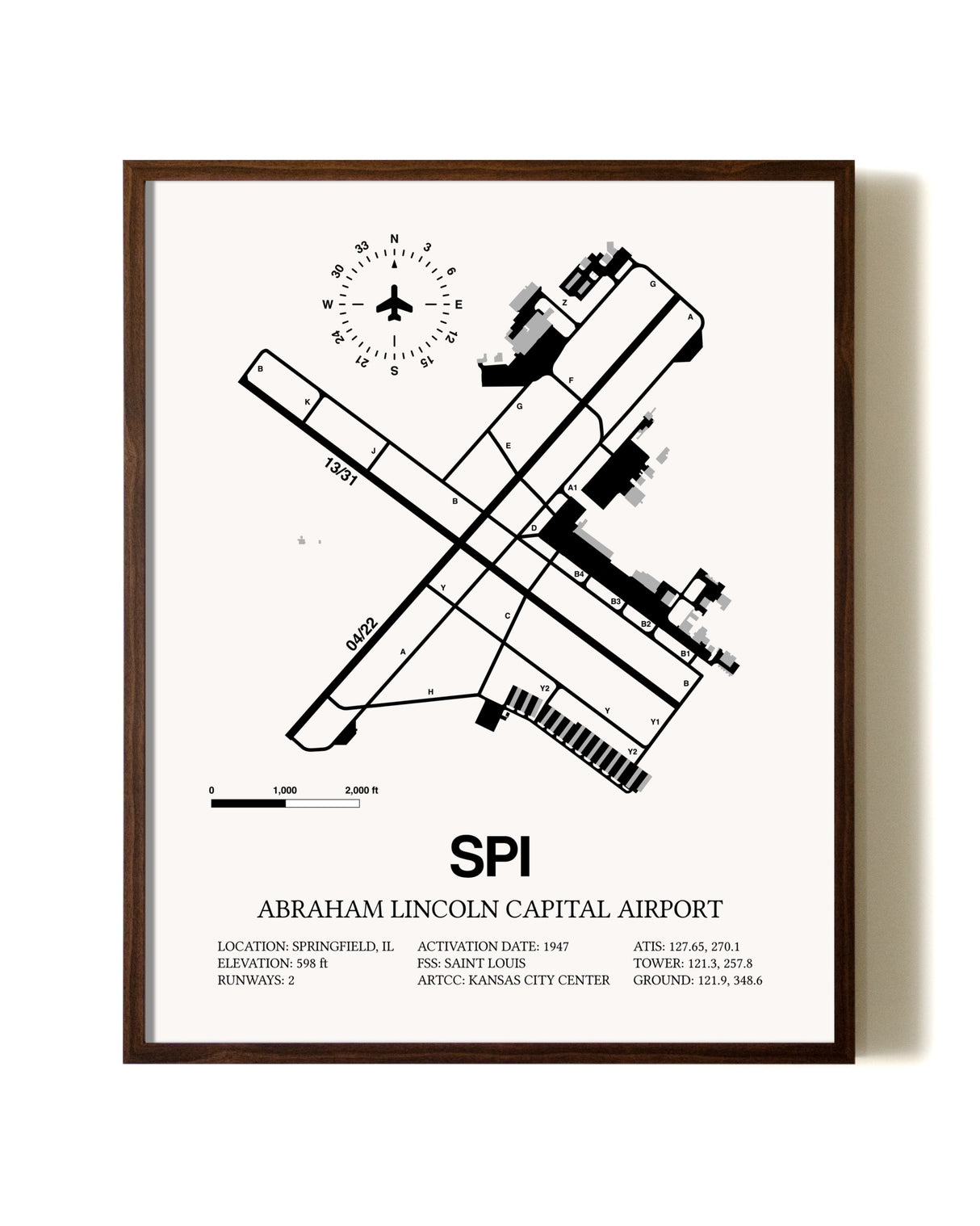 Abraham Lincoln Capital Airport aviation print in walnut frame