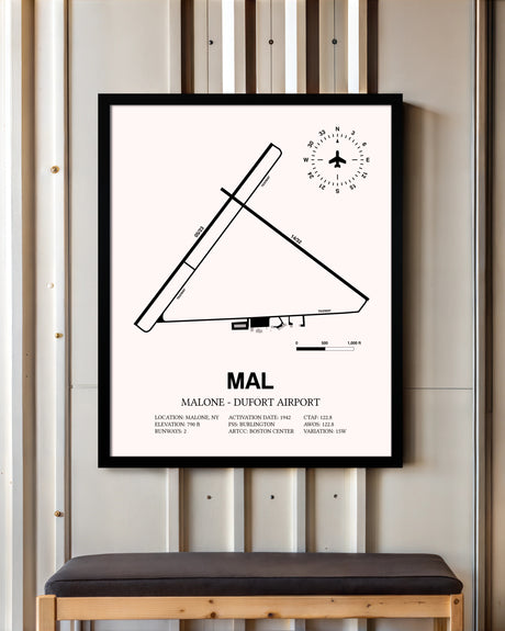 Malone-Dufort Airport framed poster displayed in an airplane hangar