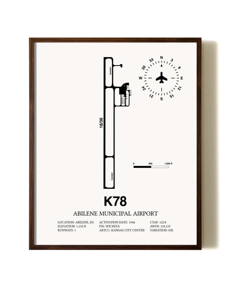 Abilene Municipal Airport aviation print in walnut frame