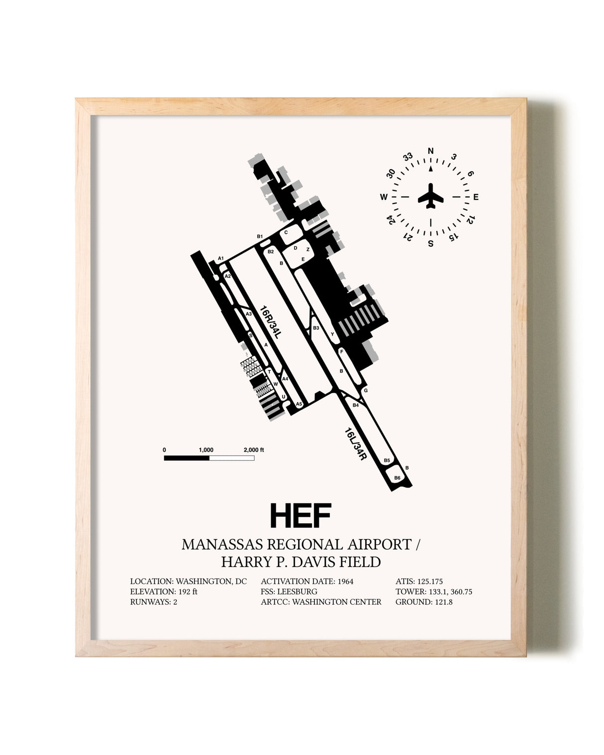 Manassas Regional Airport / Harry P. Davis Field framed wall art in white frame