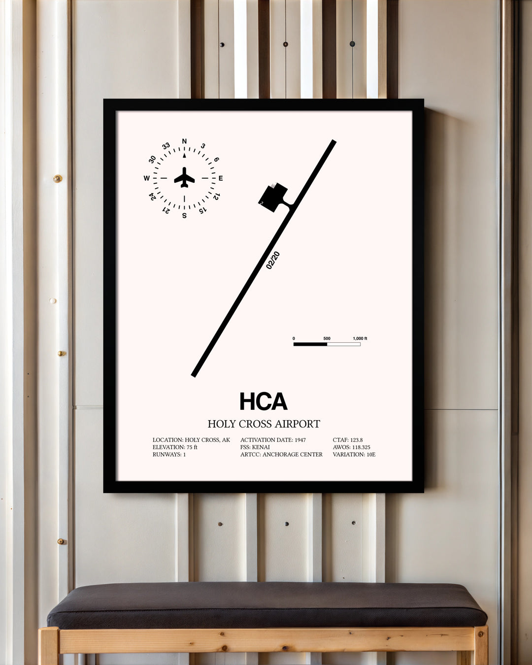 Holy Cross Airport framed poster displayed in an airplane hangar