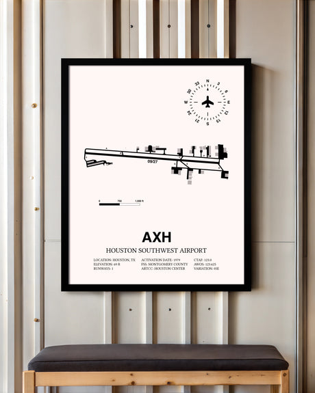 Houston Southwest Airport framed poster displayed in an airplane hangar