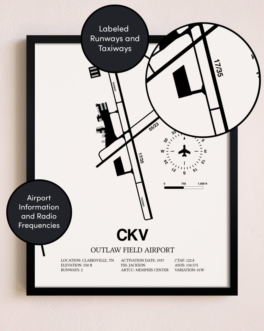 Framed Outlaw Field Airport layout wall art poster