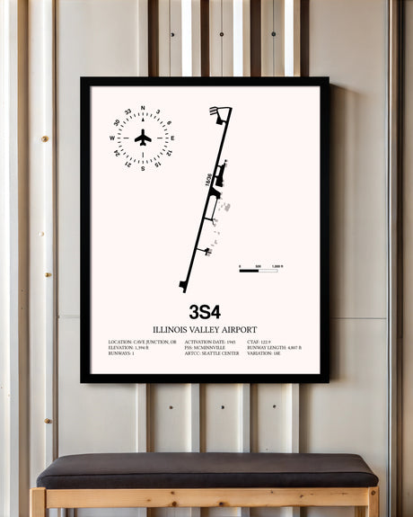 Illinois Valley Airport framed poster displayed in an airplane hangar