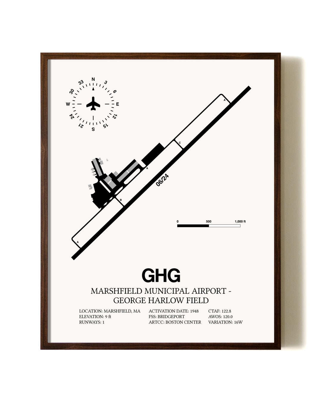 Marshfield Municipal Airport-George Harlow Field aviation print in walnut frame
