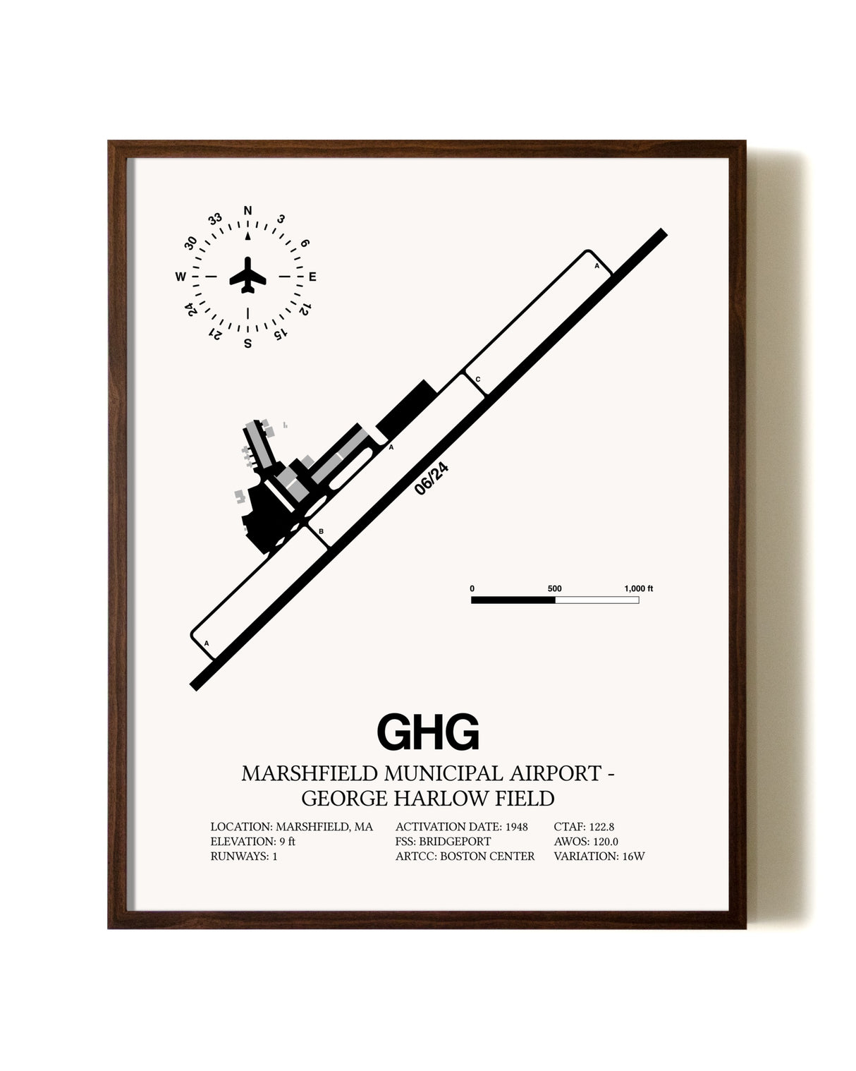 Marshfield Municipal Airport-George Harlow Field aviation print in walnut frame