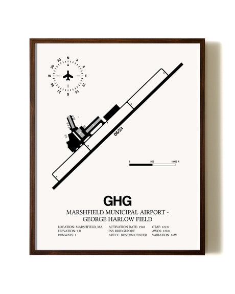 Marshfield Municipal Airport-George Harlow Field aviation print in walnut frame