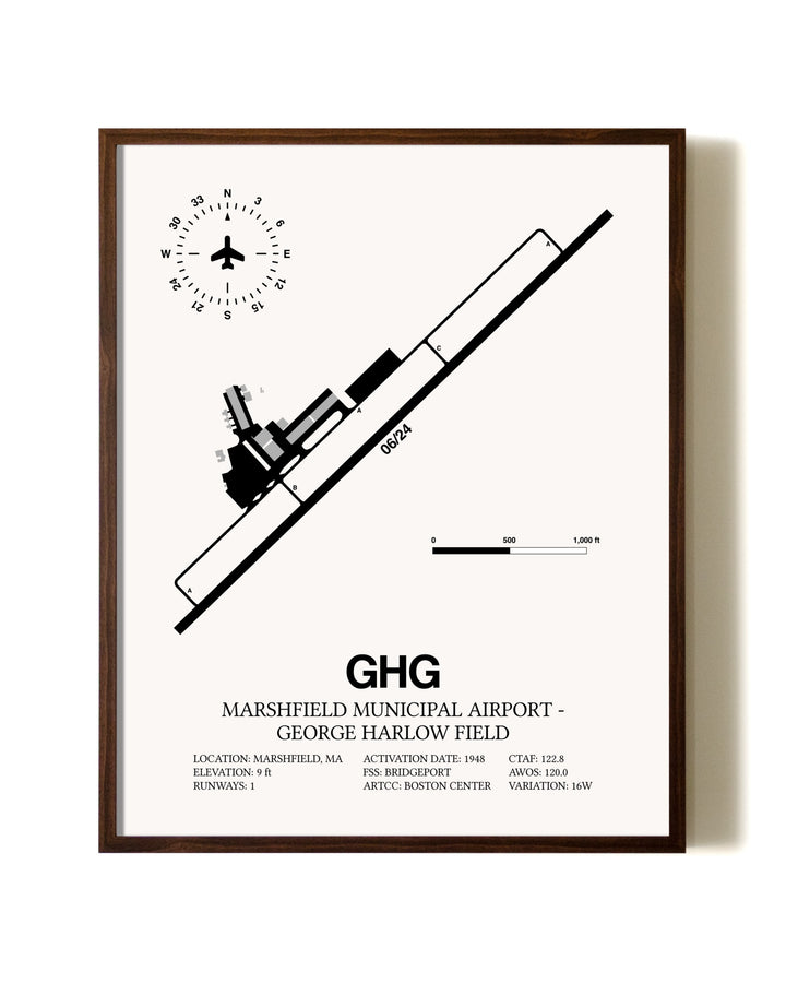 Marshfield Municipal Airport-George Harlow Field aviation print in walnut frame