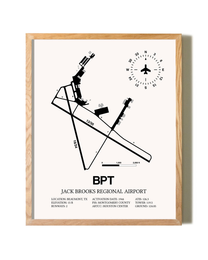 Jack Brooks Regional Airport framed print in natural wood frame