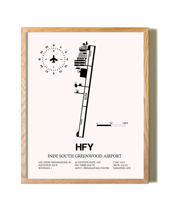 Indy South Greenwood Airport framed print in natural wood frame