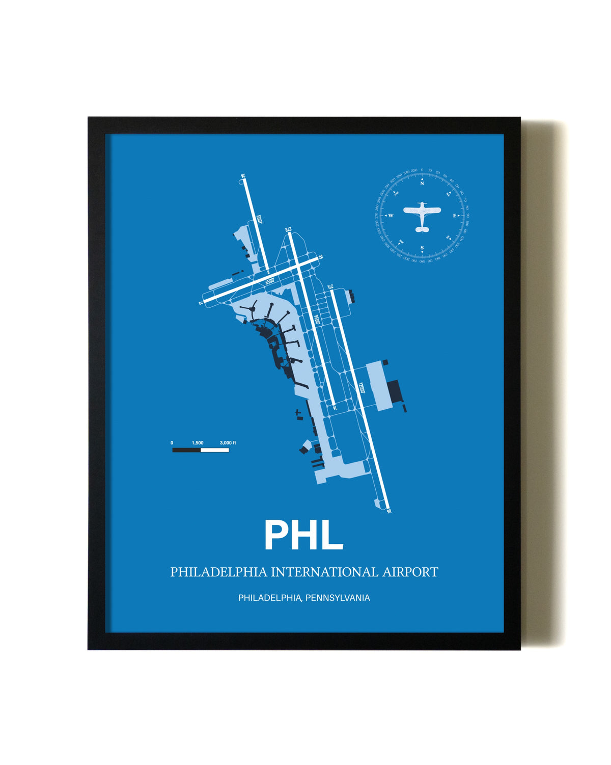 Sky Blue Philadelphia International Airport aviation wall décor in black wood frame