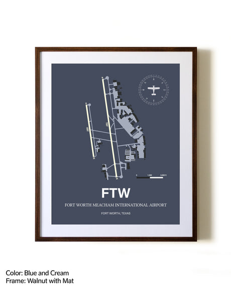 Fort Worth Meacham International Airport aviation print in walnut frame with mat