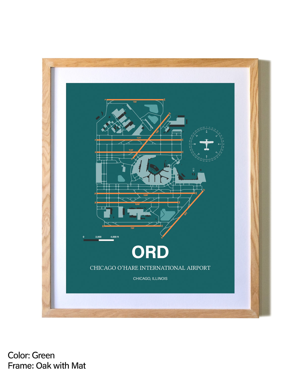 Chicago O'Hare International Airport airport map poster in oak frame with mat