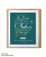 Chicago O'Hare International Airport airport map poster in oak frame with mat