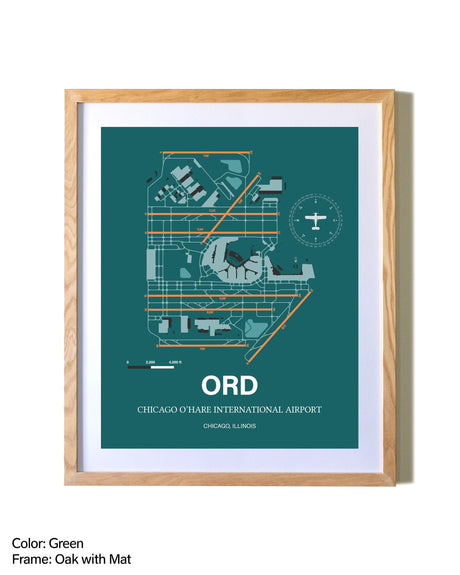 Chicago O'Hare International Airport airport map poster in oak frame with mat