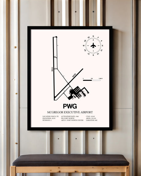 McGregor Executive Airport framed poster displayed in an airplane hangar