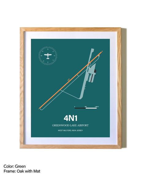 Greenwood Lake Airport airport map poster in oak frame with mat