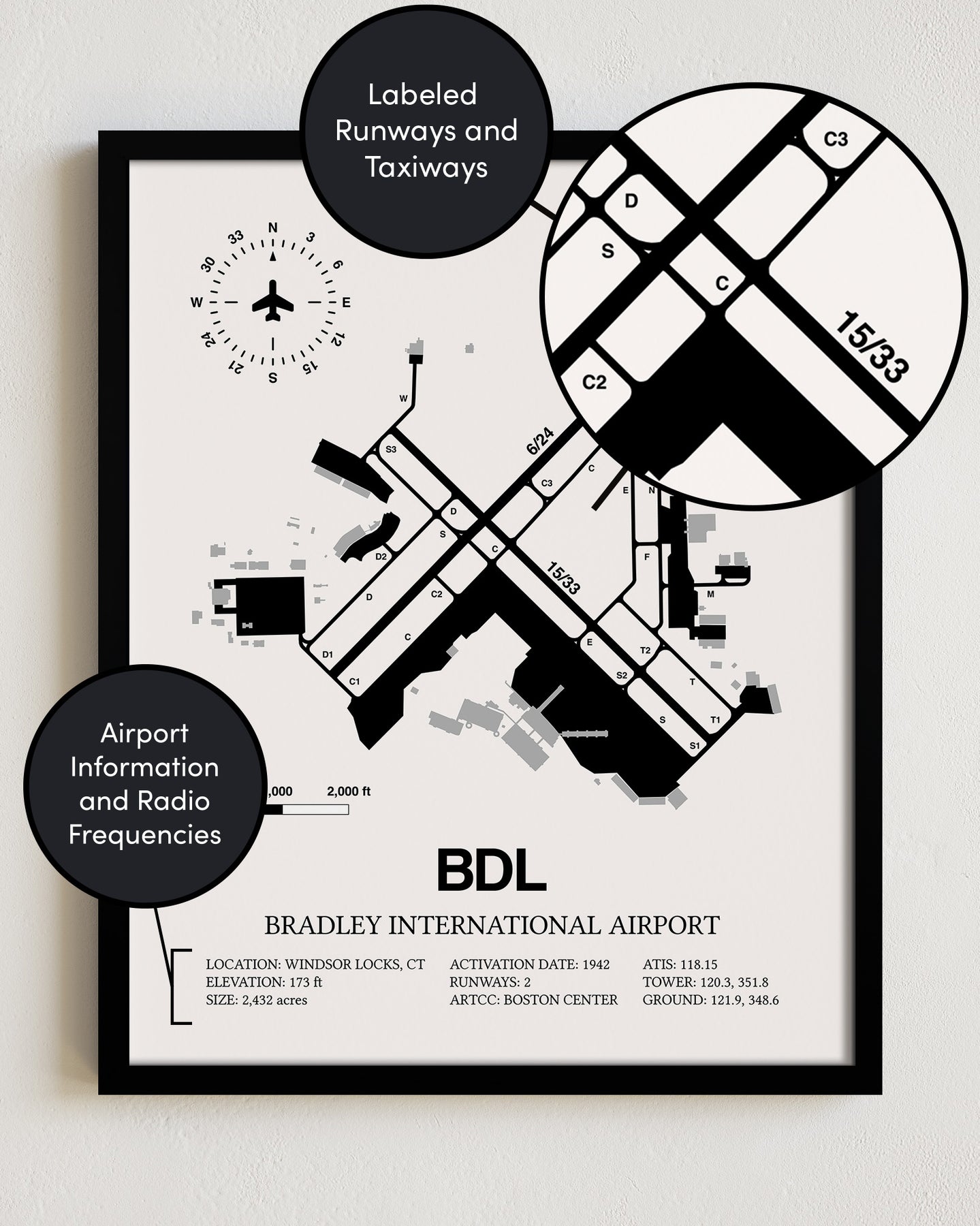 Bradley International Airport (BDL) Framed Detailed Airport Map ...