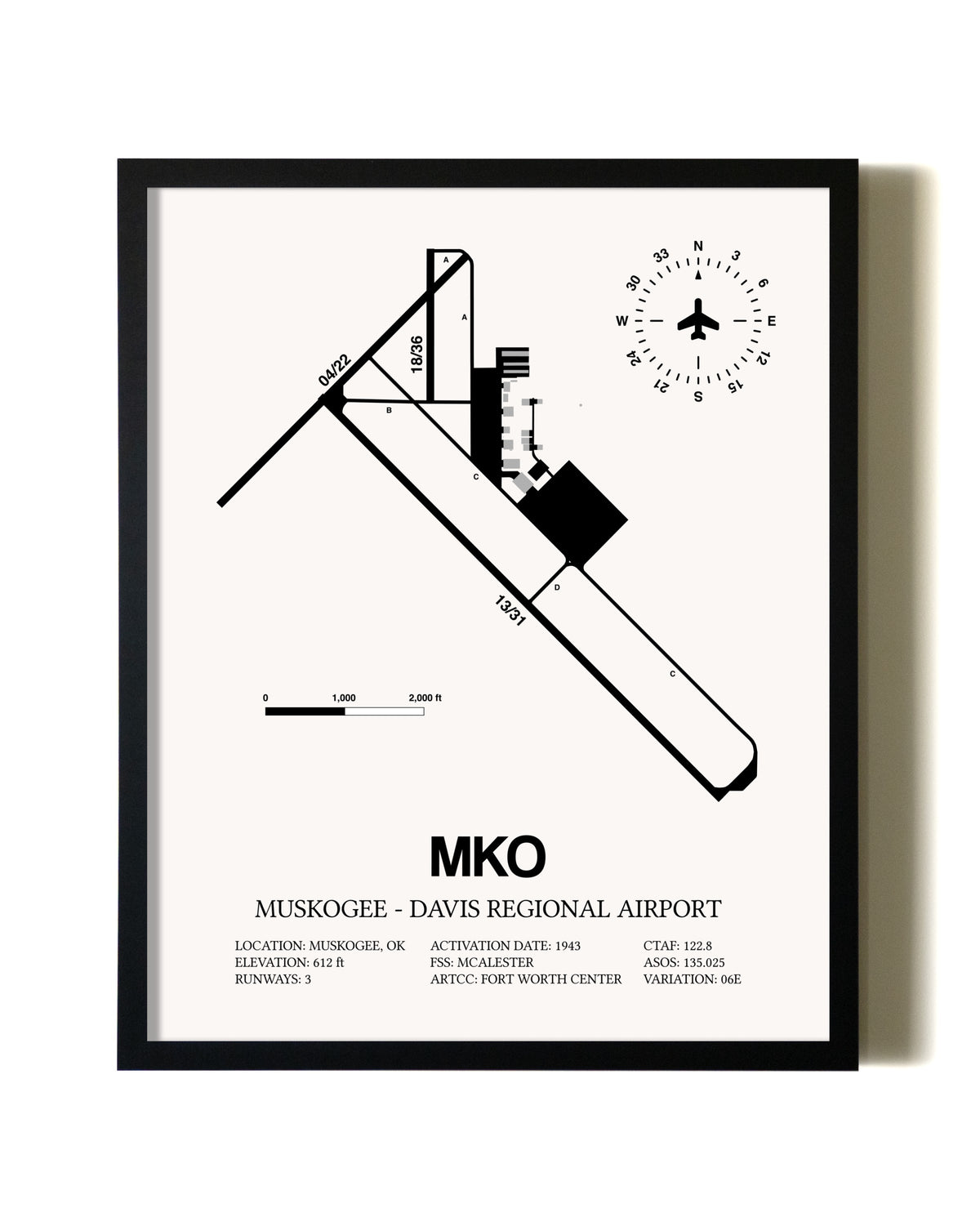 Framed Muskogee-Davis Regional Airport wall art poster in black frame