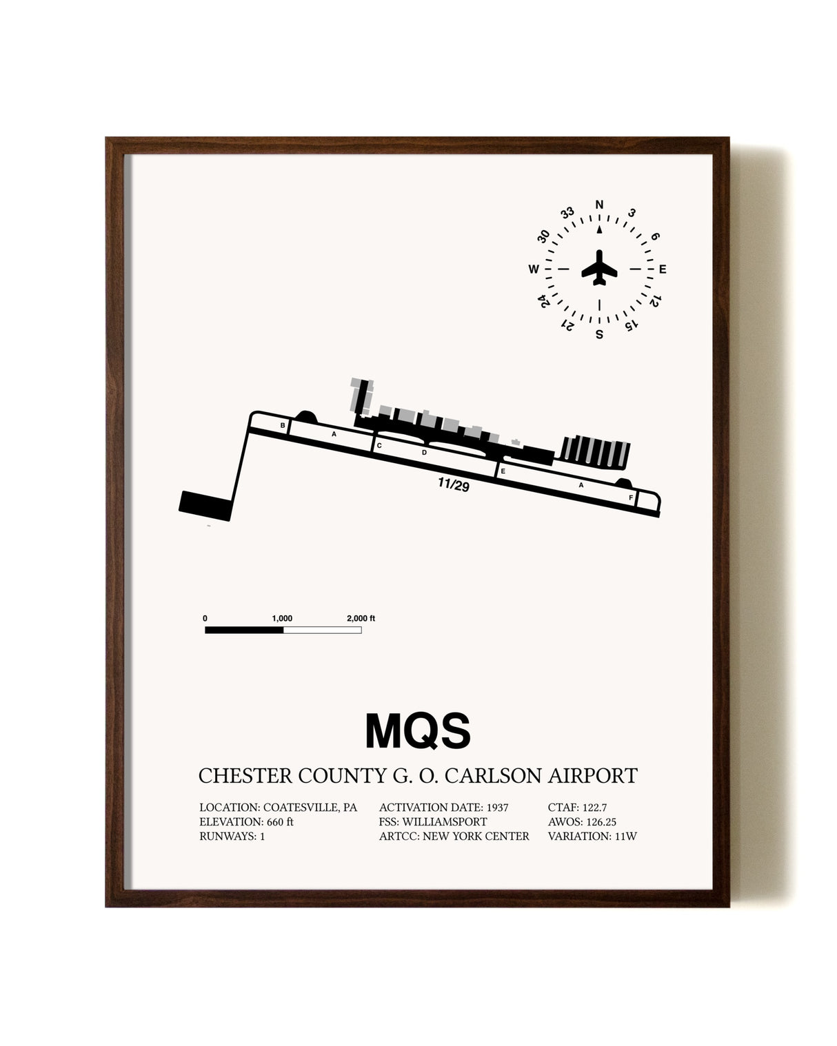 Chester County G. O. Carlson Airport aviation print in walnut frame
