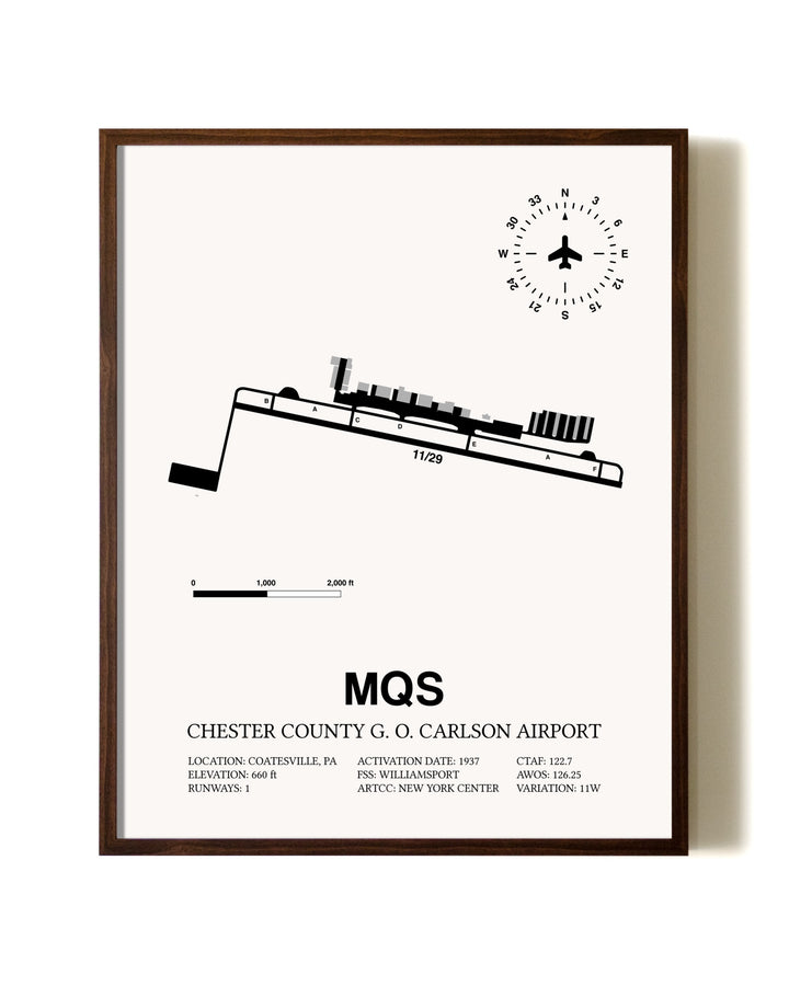 Chester County G. O. Carlson Airport aviation print in walnut frame