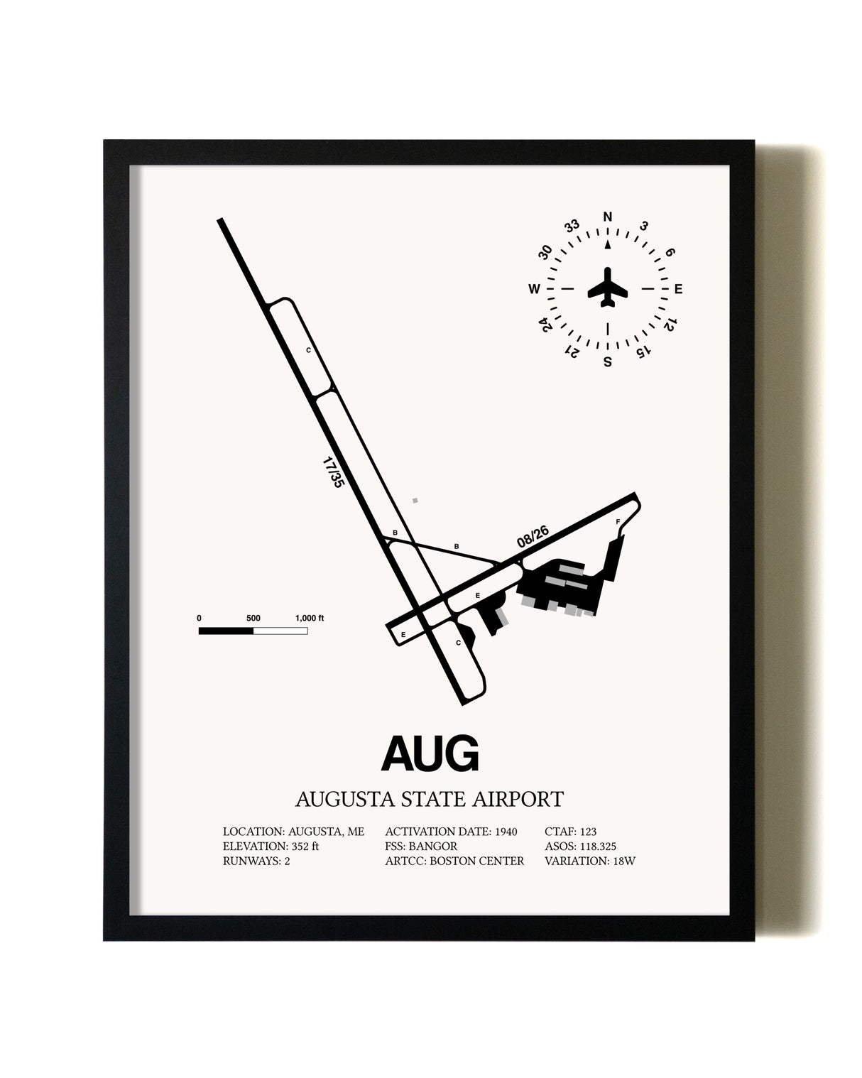 Framed Augusta State Airport wall art poster in black frame